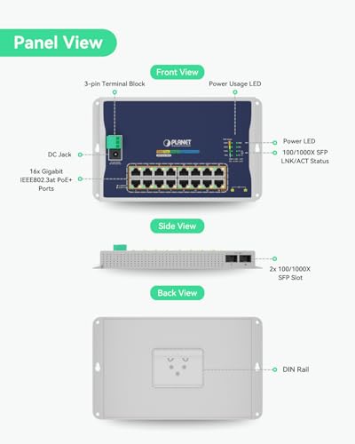 Image of Planet WGS-4215-16P2S Industrial Flat Wall Mount L2 Managed 16-Port PoE Switch, 240W Total PoE Budget, VLAN, QoS, ERPS Ring, MQTT, 820ft Extend Mode, Dual Power Input for Compact Harsh Environment