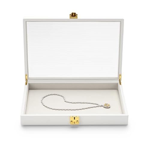 Leather Jewelry Organizer Box Premium Large Jewelry Box with Acrylic Lid Necklace Bracelet Bangle Watch Jewellry Display Case(Flat Tray)