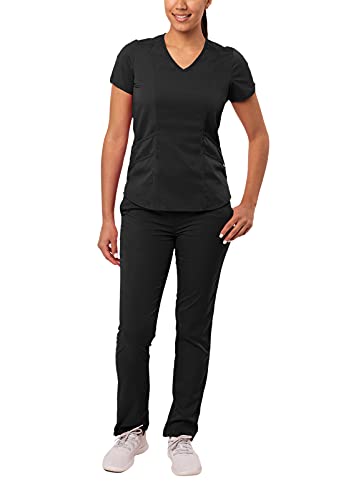 Adar Pro Core Classic Scrub Set for Women - Tailored V-Neck Scrub Top & Tailored Yoga Scrub Pants - P9100 - Black - 3X