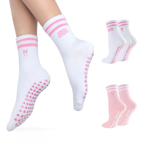Pilates Socks for Women, Non Slip Grips Yoga Socks Cute Bowknot Embroidery for Ballet Barefoot Workout