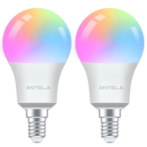 ANTELA Lampadina Wifi Intelligente LED Smart Multicolore, E14, 8W 80W equivalente, Dimmerabile RGB & 2700K-6500K, Compatibile con Alexa e Google Home, Telecomando con APP, 2 pezzi