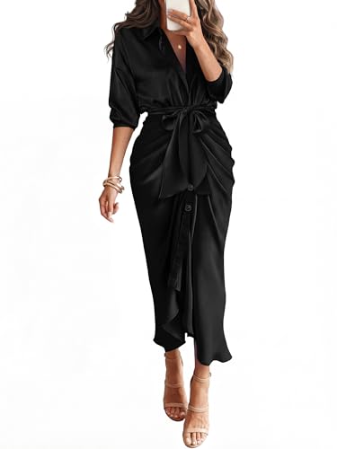 Image of BTFBM Summer Dresses for Women 2026 Long Sleeve V Neck Button Down Elegant Belted Ruched Satin Silk Shirt Spring Dress