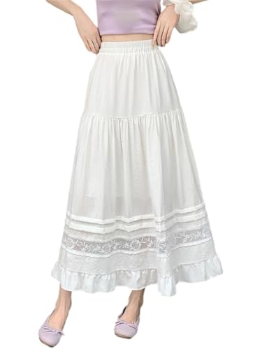 Women Lace Spliced Midi Cake Skirts Summer Loose Preppy Style Big Swing Umbrella Skirt2