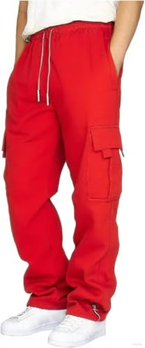 Mens Cargo Sweatpants Drawstring Casual Hiking Pants Joggers Athletic Trousers Cotton Loose Straight Pants for Men Red