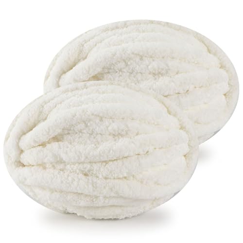 DISDSDA Grosse Laine à Tricoter à La Main Douce, 2 Pièces 500g Pelote Fil Chenille De Laine pour Crochet, pour Chunky Knit Couverture Echarpe (Blanc laiteux)