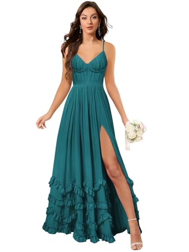 Spaghetti Straps Floral Ruffle Bridesmaid Dresses for Women Long Formal Evening Dress Corset Wedding Guest Gown