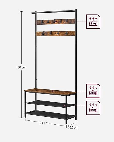 VASAGLE Garderobenständer, Garderobe mit Schuhbank, Kleiderständer, Kleiderstange, 9 abnehmbare Haken, 32,2 x 84 x 180 cm, Industrie-Stil, für Flur Schlafzimmer, vintagebraun-schwarz HSR421B01