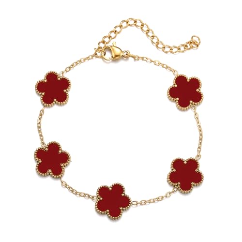 RWQIAN Gold Plated Five Leaf Lucky Clover Bracelets for Women,White/Black/Red/Green/Blue/Pink Clover Link Flower Charm Bracelets,Adjustable Clover Bracelet Chain Jewelry Gifts Trendy for Birthday