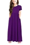 GORLYA Girl's Short Sleeve Floral Print Loose Casual Holiday Long Maxi Dress with Pockets 4-12 Years