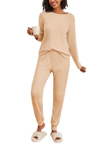Ekouaer Womens Ribbed Knit Pajama Sets 2 Piece Jogger Pjs Long Sleeve Sleepwear Round Neck Soft Lounge Sets with Pockets Khaki Large
