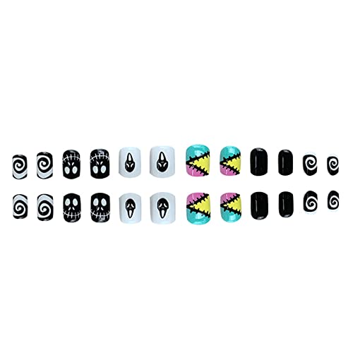 Qingge Halloween Press On Nails Short Length Square Horror Fake Nails With Skull Black Swirl Design Cool Glossy Acrylic Nails Stick On Nails Tips Glue On Nails False Nails For Women 24Pcs #TOP3