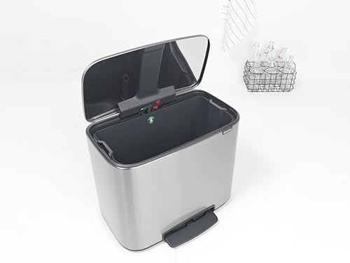Image of Brabantia Bo Step-On Pedal Trash Can - 9.5 Gal Inner Bucket (Matt Steel FPP) Waste /Recycling Garbage Can, Removable Compartment + Free Bags