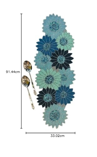 Image of Beautiful Silver Beaded Table Runner Craftsmanship |Pack of 1 Measure 13 * 36 Inches| Thanksgiving - Occasional Decoration Blue Sunflower Multi Flowers