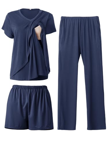 Image of Rnxrbb 3 PCS Nursing Pajamas Set Postpartum Pjs Breastfeeding Sleepwear for Women Double Layer with Pockets