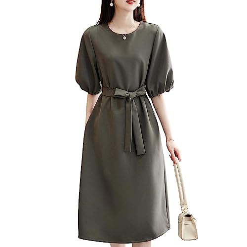 [ジェイスコット] パフスリーブワンピース サッシュベルト付き ミディ丈 五分袖 ラウンドネック 無地 Iライン きれいめ 体系カバー 映える 女性 さらさら おしゃれ着 楽ちん イージーケア お宮参り 夏物 夏ワンピ 無地 40 韓国 参観日 同窓会 デイリー ポリエステル お呼ばれ 洗濯可 しわにならない 50 Iライン ミモレワンピース 効果 ミドル丈 グレー JS82-GY-XL