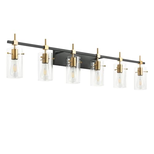 Image of SOLFART 49.2 inch Vanity Light fixtures Vintage 6 Lights Wall Light Fixtures Above Mirror for Bathroom Brass and Black with Clear Glass Shade (Exclude Bulb)