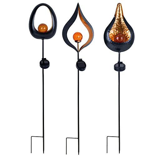 Solarleuchte Flamme Garten Solarstab für Außen Solar Garten Deko für Außen mit Erdspieß und Flammeneffekt, Metall Glas, 1x LED, H 93 cm, 3er Set
