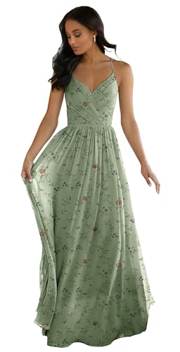 Image of LANGKAAO Women's V Neck Bridesmaid Dresses Long for Wedding A-Line Chiffon Open Back Formal Gown with Pockets