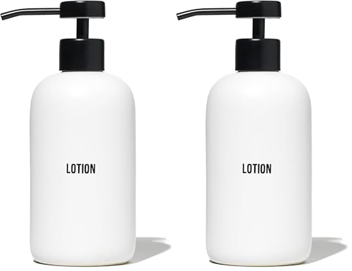 Public Goods Ceramic Lotion Dispenser Pump for Bathroom | Hand & Body Lotion Refill Bottle | Made Stoneware and Black Stainless Steel | 12 Oz Dispenser (Pack of 2)