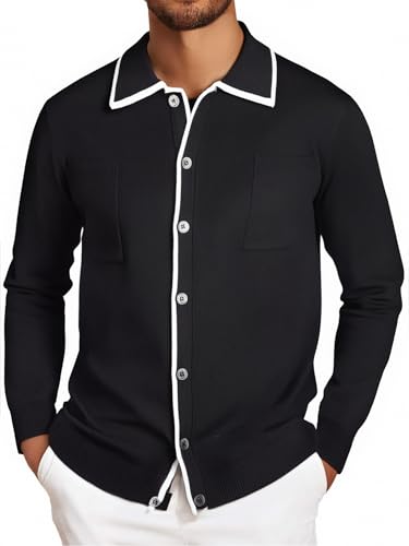 Alex Vando Mens Retro Cardigan Shirts Long Sleeve Two Pockets Knit Casual Button Down Shirts for Men