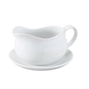 HIC Kitchen Hotel Gravy Sauce Boat with Saucer Stand, Fine White Porcelain, 24-Ounces