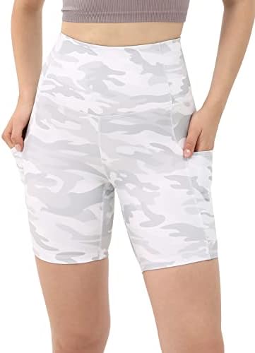 ODODOS Workout Shorts for Women, High Waist Soft Running Yoga Exercise Cycling Hiking Biker Shorts with Pockets-6" Inseam, White Camo, Large