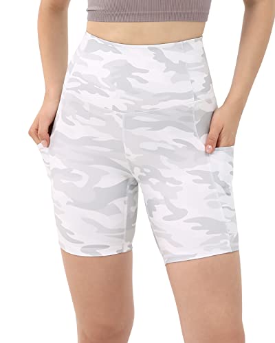 Ododos Workout Shorts For Women, High Waist Soft Running Yoga Exercise Cycling Hiking Biker Shorts With Pockets-6" Inseam, White Camo, Large #TOP16