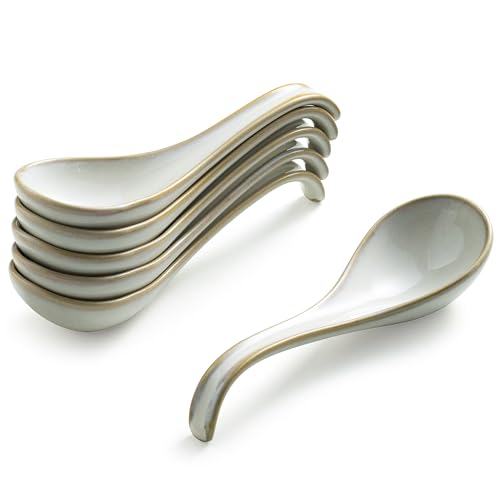 Gomakren Soup Spoons Ramen Spoons Set of 6 with Long Handle, Creamy White