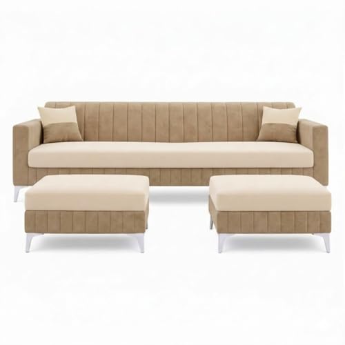 Image of Amelia Rich 5 Seater L Shape Sofa Set with 2 Movable Ottomans | Flexible Layout | Spacious Soft Touch Seating | Modern Sofa for Living Room (Beige & Cream)