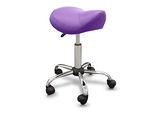 QUIRUMED Taburete Tipo Pony, Ergonómico, con Base de Acero, Color Morado, Tapizado en Polipiel, Altura Regulable, Asiento Acolchado, Ruedas giratorias, hasta 150 kg