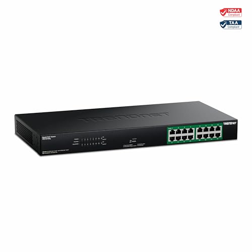 Image of TRENDnet 16-Port Gigabit PoE+ Switch, TPE-TG160g, 16 x Gigabit PoE+ Ports, 246W PoE Power Budget, 32 Gbps Switching Capacity, Ethernet Splitter, Metal, Lifetime Protection, Black
