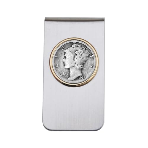 US 1934 Mercury Dime 90% Silver Average Circulated 10 Cent Coin Two Toned Stainless Steel Money Clip New