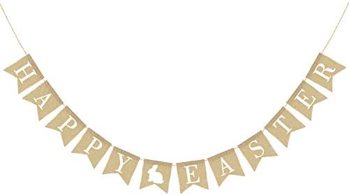 Burlap Happy Easter Banner | Rustic Easter Celebration Decorations | Happy Easter Bunting Garland with Rabbit Bunny Sign | Easter Party Decor Photo Props