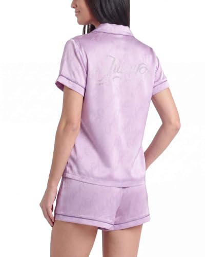 Image of Juicy Couture Women's 2 Piece Satin Notch Collar Button Down Shirt and Pajama Shorts Lounge and Sleepwear Set