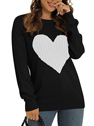 Qixing Women's Pullover Sweater Round Neck Long Sleeve Heart-Shaped Sweater Black-White-Large #TOP3