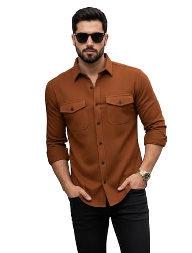 Image of DEELMO Men's Classic Cotton Blend Slim Fit Shirt || Full Sleeve Button-Down Casual Shirt with Dual Flap Pockets || Soft Breathable Fabric || Ideal for Office Party and Everyday Wear