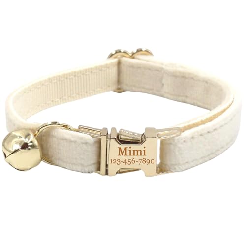 Personalisiertes Katzenhalsband mit Namensschild, verstellbares Samt Katzenhalsband mit Glocke, Haustier Halsband mit Name Telefonnummer Gravierte ID Tags (Cream)