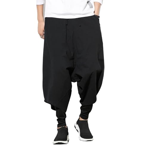 Seidarise Mens Harem Pants Hip hop Joggers Baggy Wide Leg Pants Casual Harem Linen Japanese Yoga Black