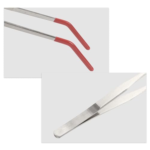 Image of Stainless Steel Reptile Feeding Tongs, Curved Aquarium Tweezers with Rubber Tip, Terrarium Tongs for Gecko, Lizard & More, 10.63 inch Length, Red