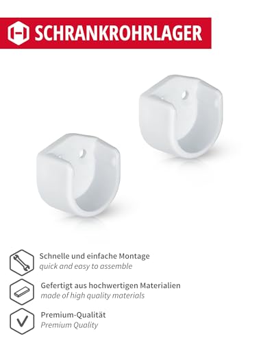 Gedotec Schrankrohr-Aufhänger Schrankrohrlager rund für Kleiderstangen Ø 18 mm | Rundrohr-Halter für Schrankrohr-Stange | Kunststoff weiß | 4 Stück - Schrankstangen-Halterungen für die Wand-Montage