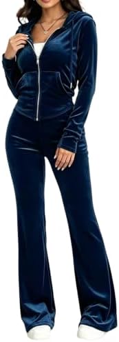 SamLng Workout Sets For Women Women'S Clothing Womens Two Piece Womens 2 Piece Workout Set Velvet Tracksuit Long Sleeve Zipper Hoodie And Velour Sweatpants Jogging Lounge Suit Matching (Navy,S)