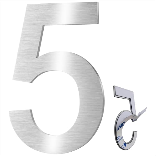 XYL HC 3 Inch Premium Stainless Steel House Numbers, Mailbox Numbers, Super Strong Self-Adhesive Metal Address Numbers, Suitable For Number Signs In Hotels, Apartments, And Courtyards (Silver 5)