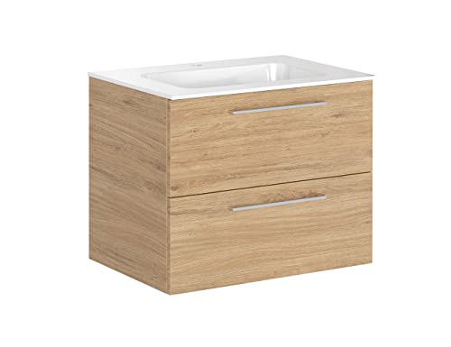 Iconico Home Essential Hängender Badezimmerschrank mit 2 Schubladen und integriertem Waschbecken, Spanplatte, Eiche Natur, 75,5x49,5x59 cm Cover
