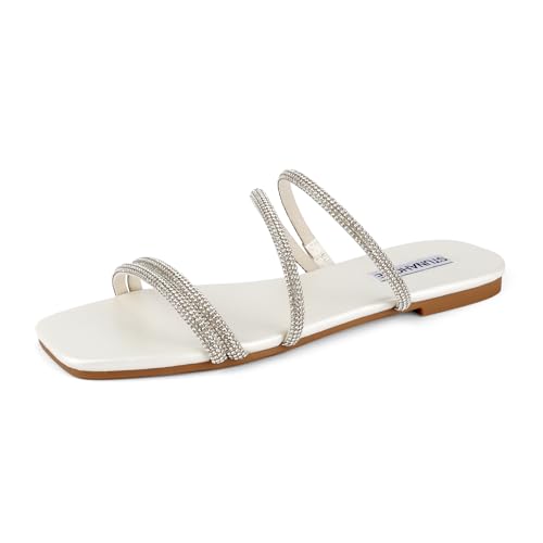 Image of STUNAHOME Women's Rhinestone Thong Flat Sandals Open Toe Slide Sandals with Square Toe Bling Strap