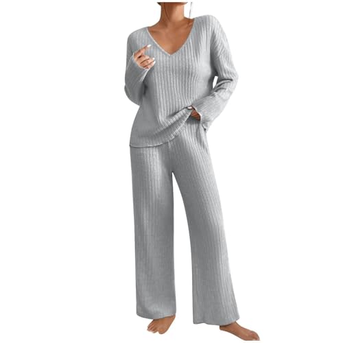 Tenue d'intérieur d'automne en maille côtelée haut de gamme avec pantalon fluide et col V