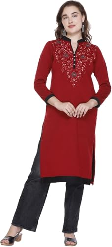 Image of Rosary Women's Winter Woolen Kurti Embroidered Straight Fit Ethnic Wear with 2 Side Pockets