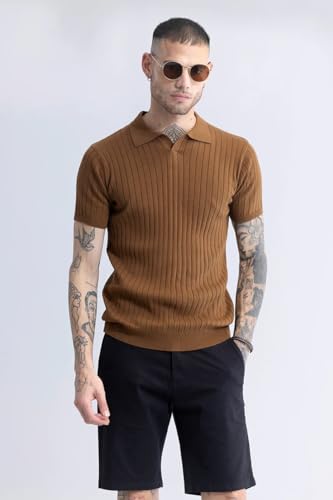 Image of Veirdo Men's Casual Ribbed Polo Collar Knit T-Shirt | Regular Fit Half Sleeve Polo for Men | Flat Knit Textured T-Shirt Perfect for Office, Party, Travel