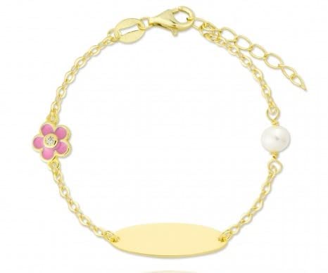 Turmalina by martina Turmalina - Pulsera esclava ID dorada de Plata de Ley 925 bebé o niña, pulsera con placa y motivos de flor y perla, largo de 11 y 2,5 cm de extensor de la marca de joyería