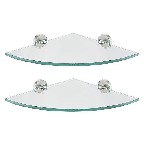 JQK Corner Glass Shelf Brushed Steel Bathroom 304 Stainless Steel Shower Triangle Floating Wall Shelf 10 x 10 Tempered Glass 2 Pack TGS190L10-BN-P2