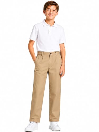 Image of HILEELANG Boys Chino Pants School Dress Pants Straight Leg with Pockets | Cotton Blend Fabric, Elastic Back Waist, Classic Chino Style, Side Pockets, Perfect for School Uniforms and Everyday Wear